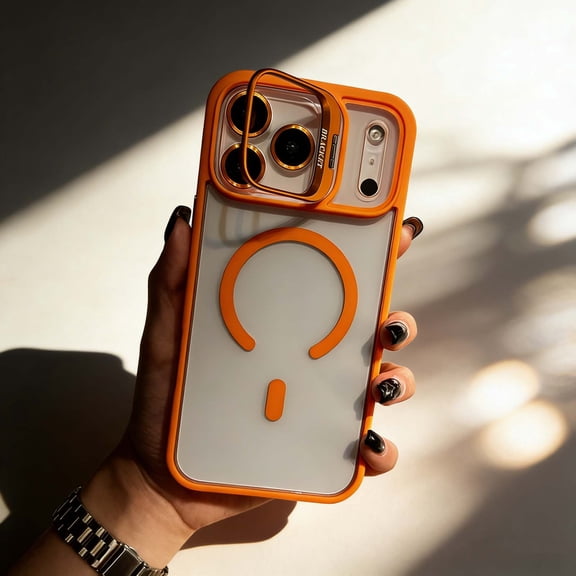 for iPhone 17 Pro Magnetic Phone Case, Compatible with MagSafe, Military-Grade Protective Case, With Lens Flim, Built-in Stash Camera Stand Phone Case, Scratch-Resistant Back Cover,Orange