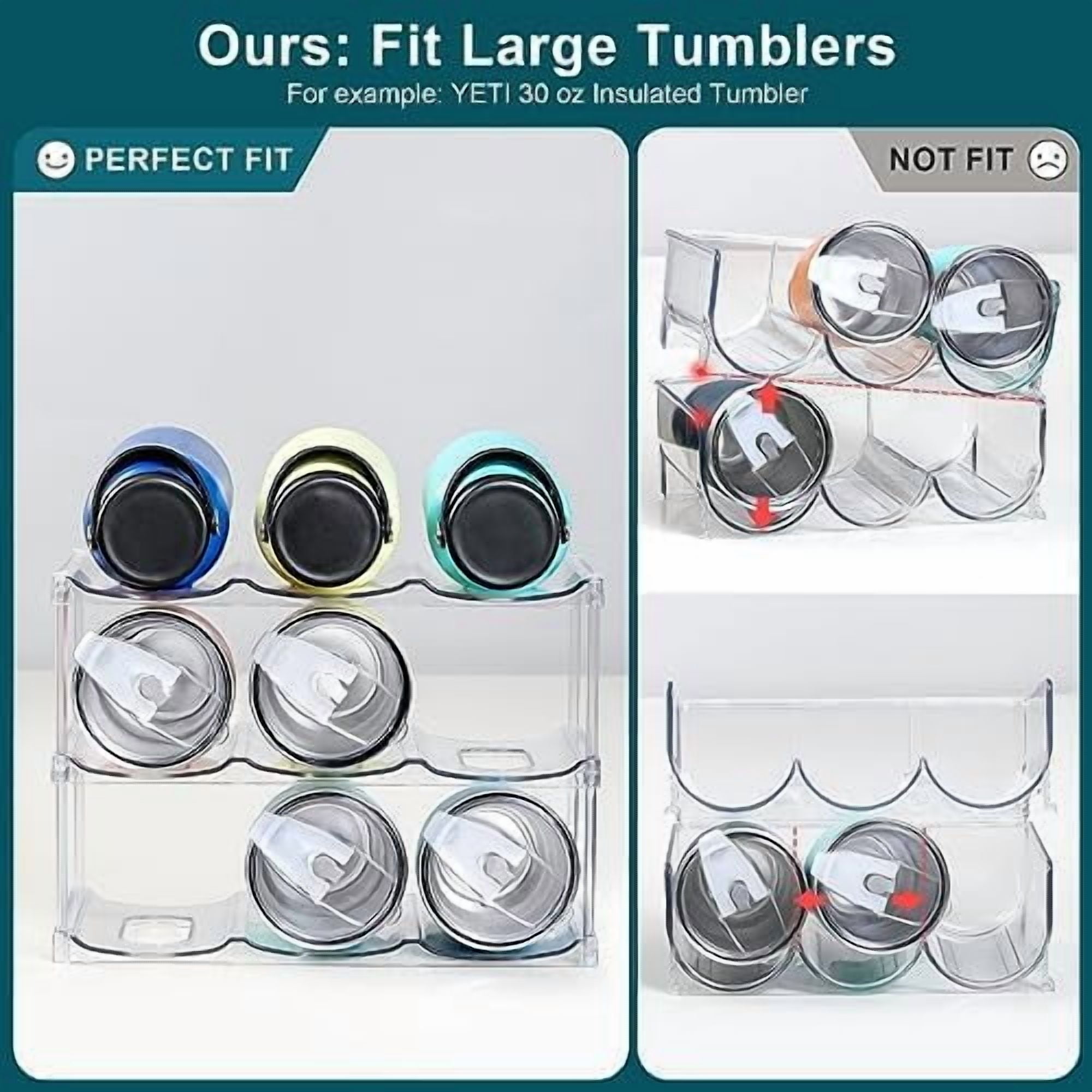 LARGER Compartment - Stackable Water Bottle Organizer Holder - for Stanley & Others' Large Tumbler - Clear Wine Rack, Cup Bottle Holder for Cabinet Home Countertop Fridge Pantry Shelf, 3 Tier Hold 9