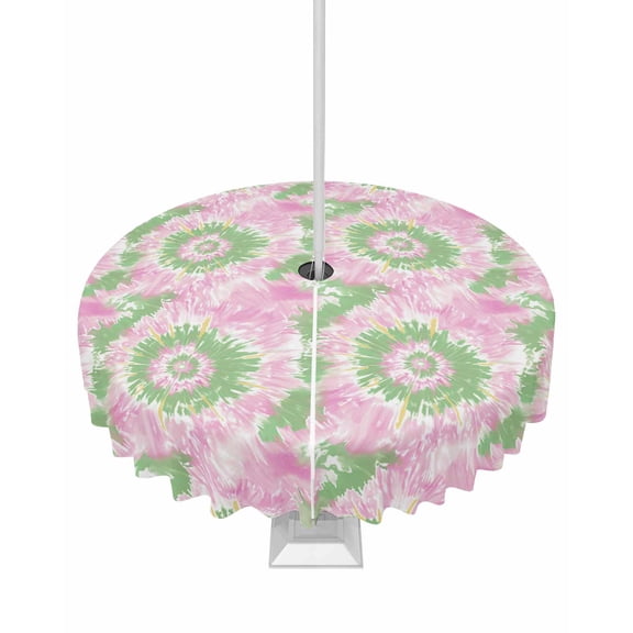 Fsddascl Pink Teal Outdoor Tablecloth - 60 Inch Round Dining Table Cover, Modern Tie Dyeing Contemporary Abstract Art Waterproof Outdoor Table Cloth with Umbrella Hole & Zipper for Picnic/Patio