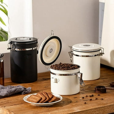 Coffee Canister Airtight Bean Container with Date Tracker Stainless Steel Kitchen Storage Box 1.2L Black