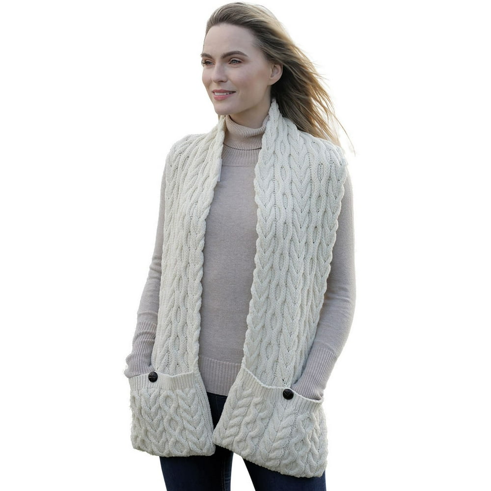 Aran Irish Pocket Scarf with Button 100 Merino Wool Knit Wrap Stitching