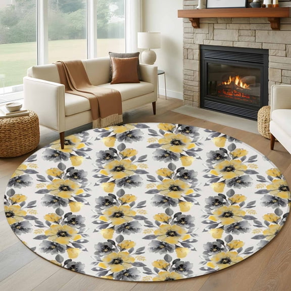 Round Rugs 7Ft, Yellow Floral Round Area Rug Washable Indoor Throw Carpet, Abstract Watercolor Flower Leaf Plant Large Non Slip Circle Rug for Dining Room Playroom Home Decor Aesthetic