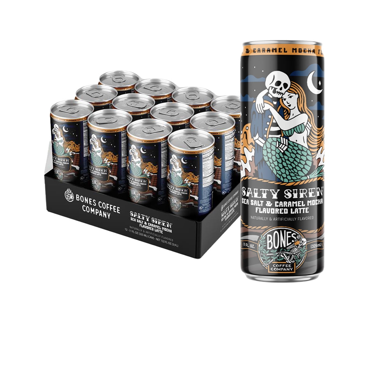 Bones Coffee Salty Siren Latte, Caramel Mocha Sea Salt Flavored Ready-to-Drink Coffee with Cows Milk, 11 fl oz Can