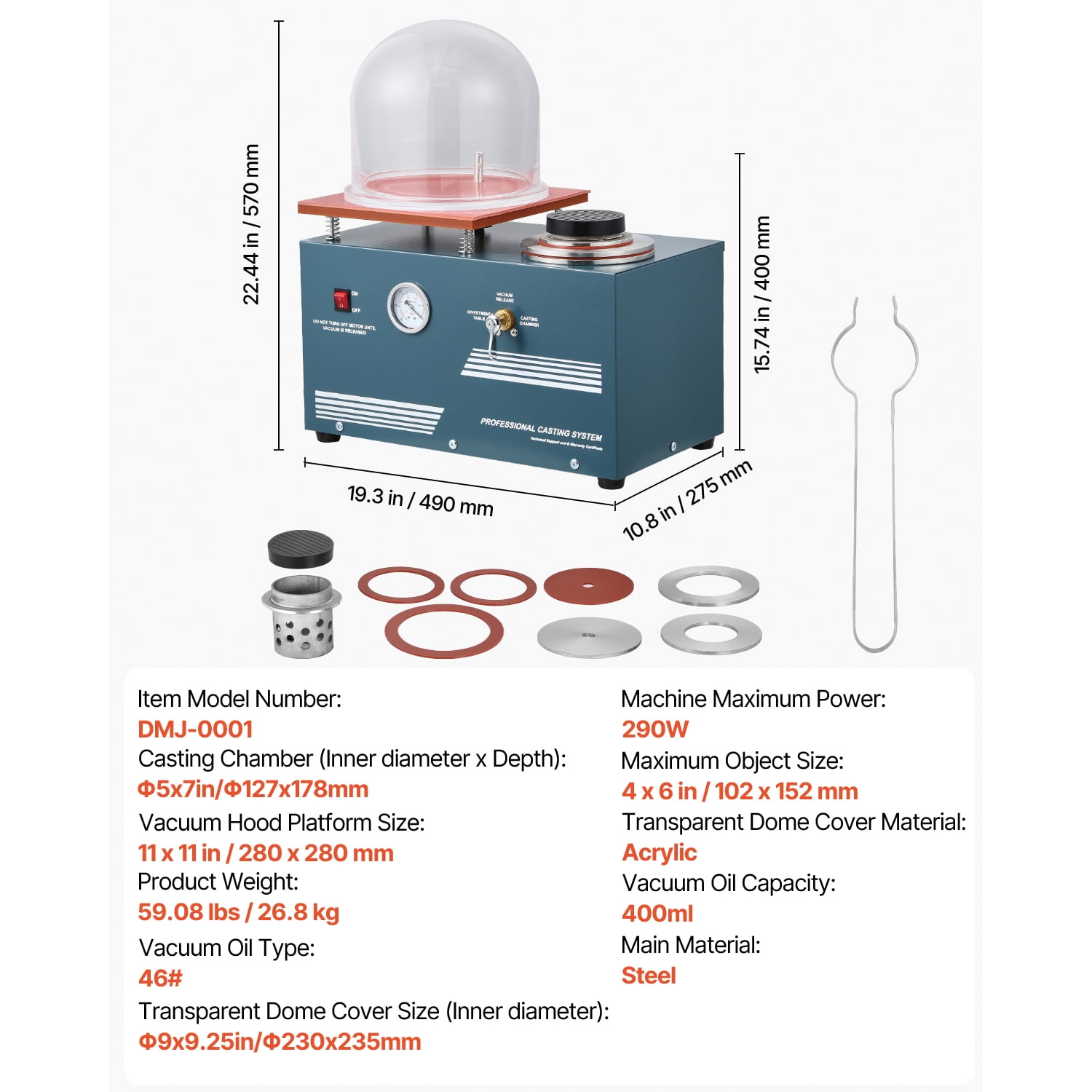KFFKFF Vacuum Casting Machine with 290W Power, 3 CFM Pump, Bell Jar, Oil Injection Port, Precision Pressure Gauge, 11 x 11 in Workbench, Ideal for Jewelry and Metal Casting