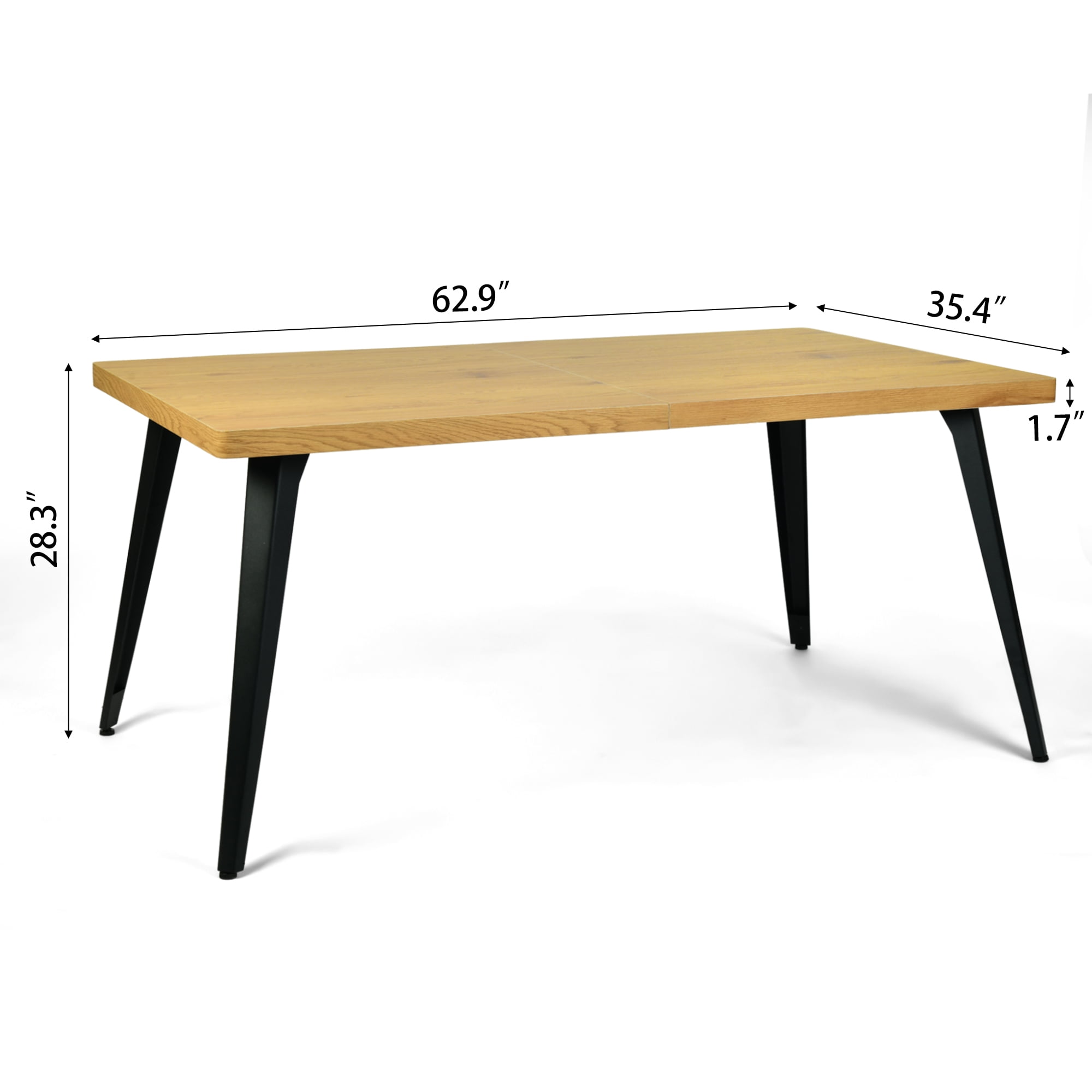 Homy Casa 63" Natural Rectangular Dining Table for 4-6 with Black Metal Legs