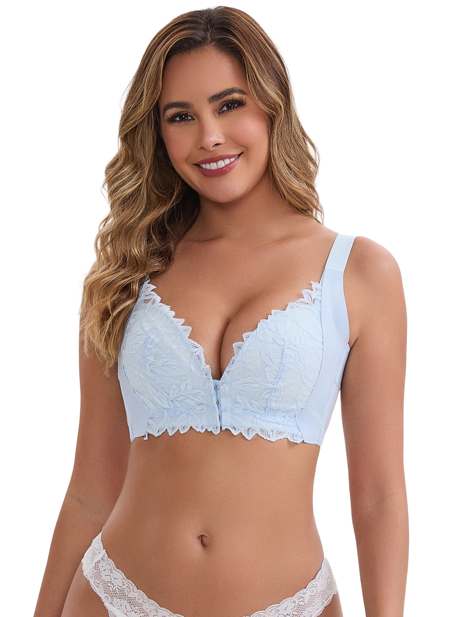 DARING DIVA Women's Deep V Adjustable Straps Underwire Minimizer Push-Up Bra M Blue