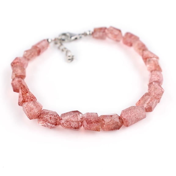Natural Strawberry Quartz Gemstone Full Beaded Nuggets Choker Bangle Bracelets Jewelry for Women, Birthstone Crystals and Healing Stones, Rhodium Plated 925 Sterling Silver 8 inch, Birthday for Her