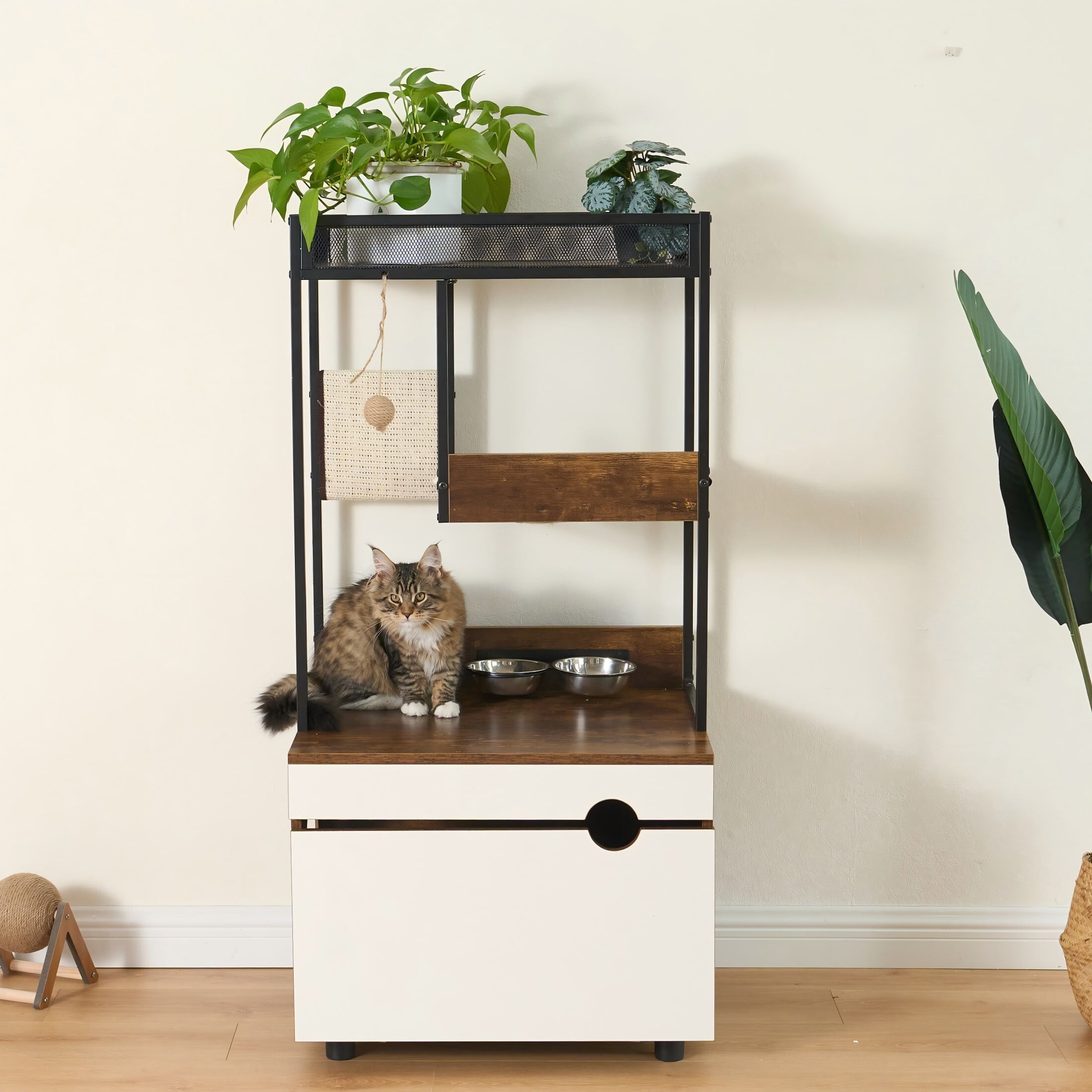 AENKYO 48.03 inch Indoor 4-level Cat Tree with Cat Nest, Cat Tower with 2 Bowls and Scratch Mats, Rustic Oak