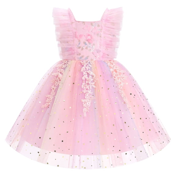 IBTOM CASTLE Toddler Girl Birthday Butterfly Dress Sequins Flower Girl Dress Tulle Tutu Formal Party Dress, Star Sequins Pageant Wedding Dress 3-4T Pink