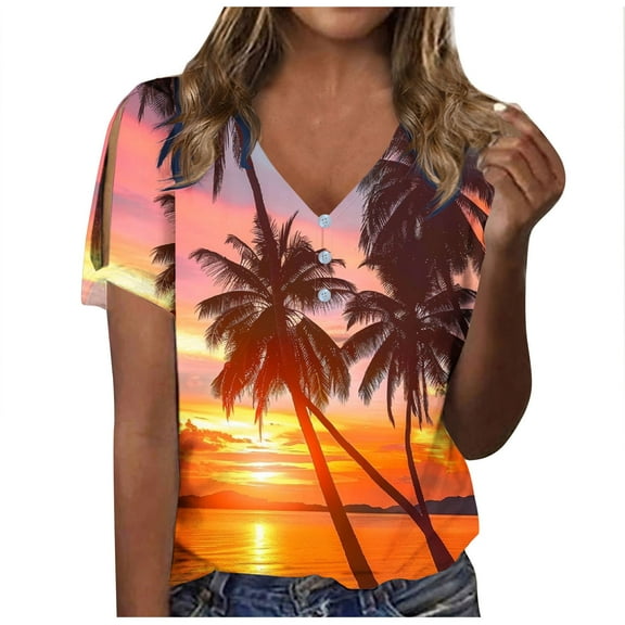 Sakmal Orange Casual Tops for Women V-Neck Short Sleeve Graphic Cutout Womens Blouses