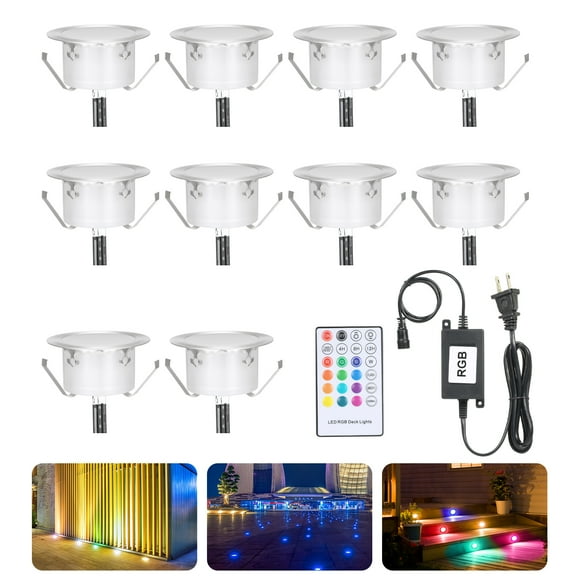 Amdohai 10PCS/Set Recessed RGB LEDs Deck Light Kit with Controller In Ground Outdoor Landscape LEDs Lighting Dimmable/ Brightness Adjustable/ 3 Diverse Lighting Effects/ 4&8&12H 3 Levels Timer/ Memory