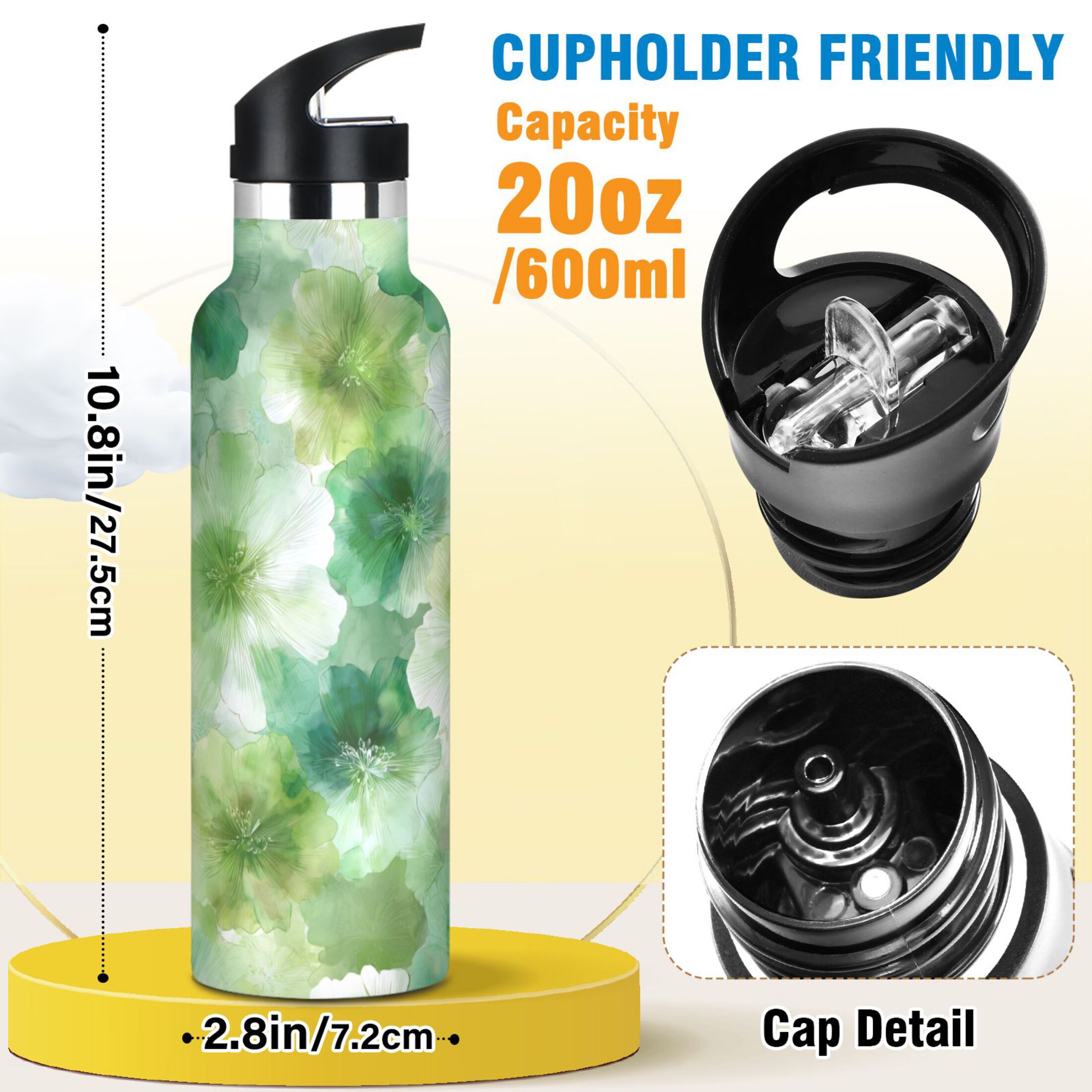 Kids Insulated Stainless Steel Sports Water Bottle 600ml (20oz) Green Tie-dye Flowers