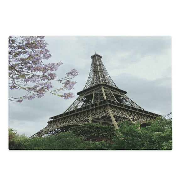 Eiffel Tower Cutting Board, Eiffel Natural Flowers Colorful Blossoms Cloudy Sky Perspective Paris Print, Decorative Tempered Glass Cutting and Serving Board, Large Size, Grey Green, by Ambesonne