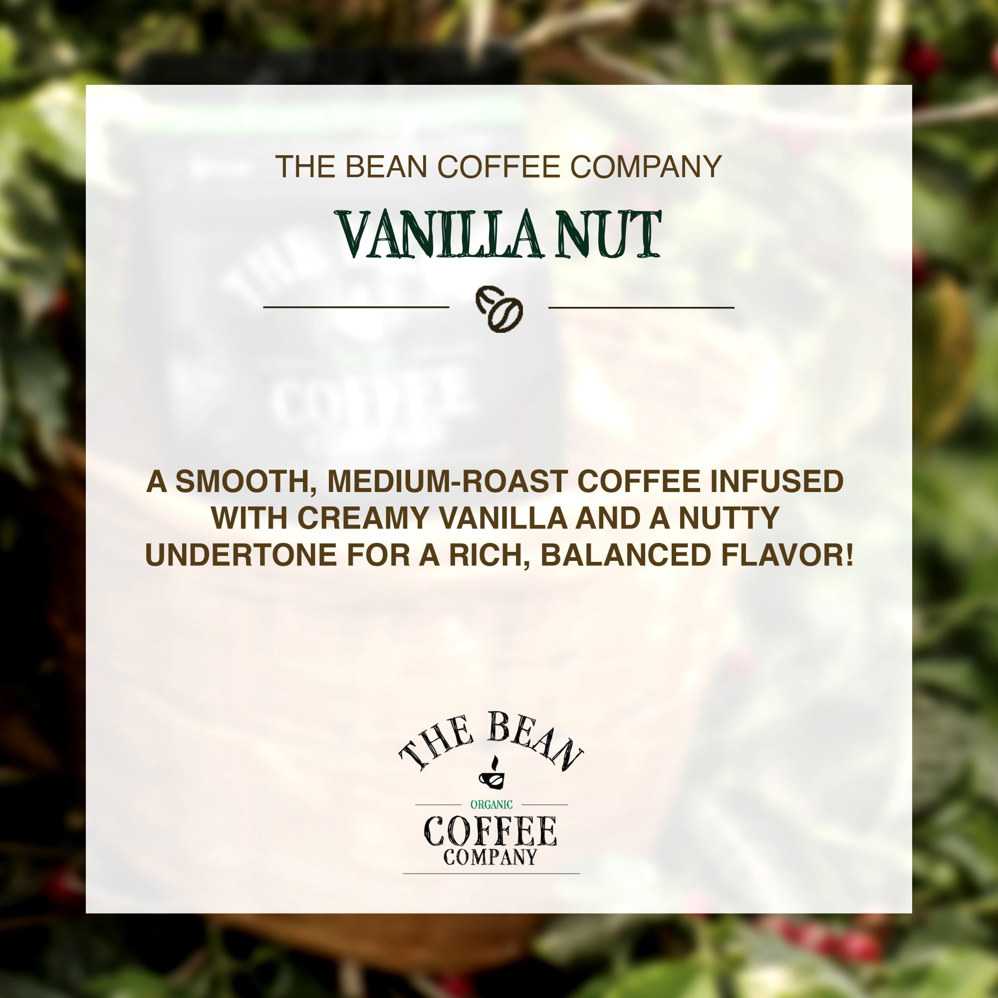 The Bean Organic Coffee Company Vanilla Nut, Medium Roast, Ground Coffee, 16-Ounce Bag