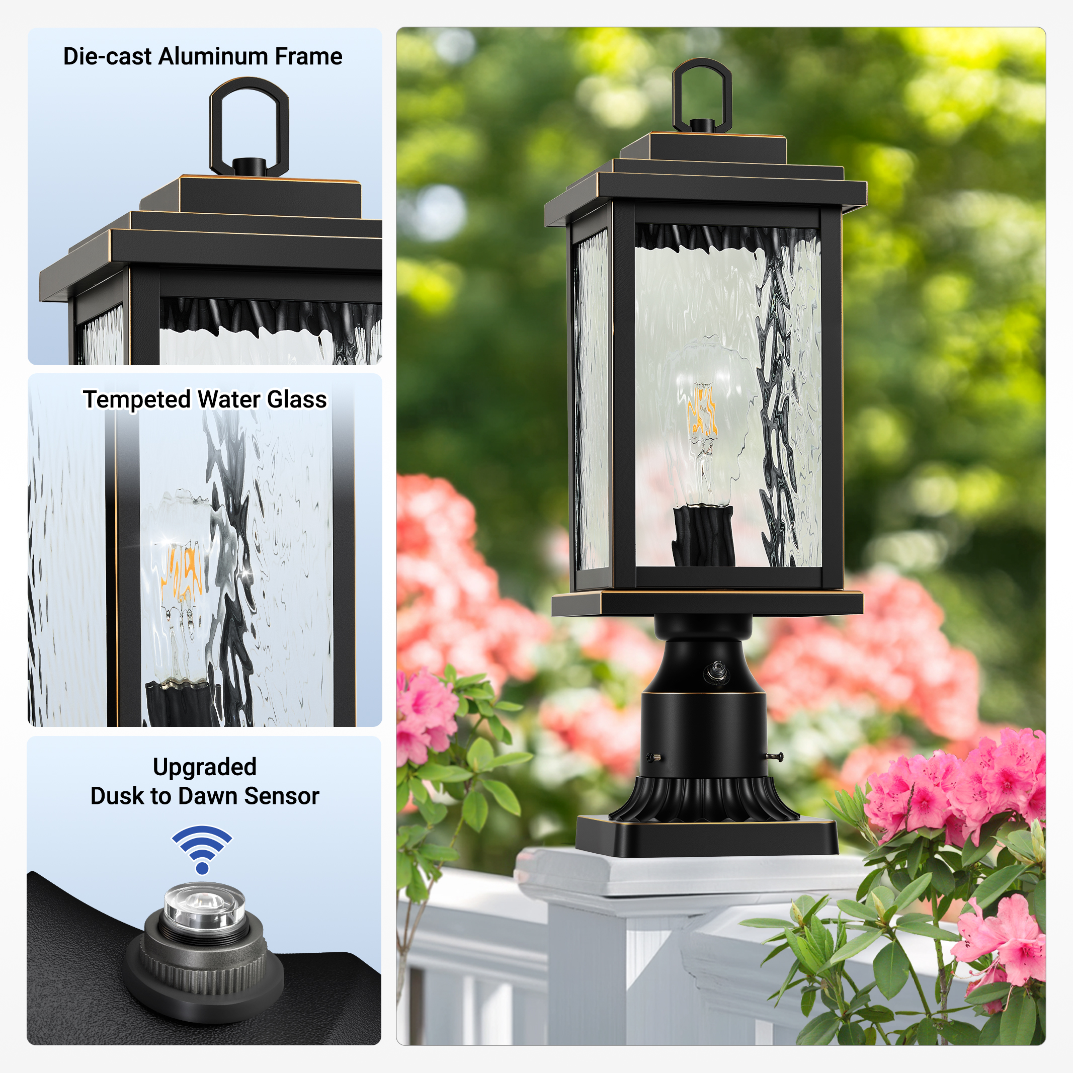 VIANIS Large Dusk to Dawn Outdoor Post Lights, Matte Black Hardwired Waterproof Outside Lamp Post with Pier Mount Base, 3-inch Aluminum Outdoor Post Light with Tempered Glass for Garage, Garden