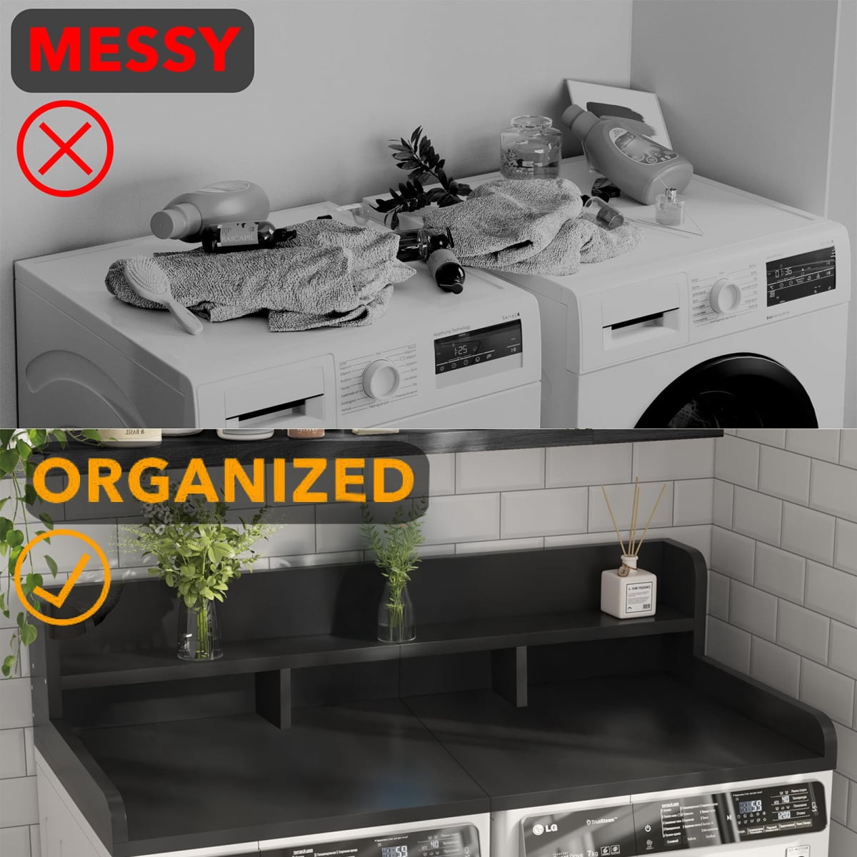 Washer Dryer Countertop 2 Tier Laundry Storage Organizer 54 Inch Wood Topper Black