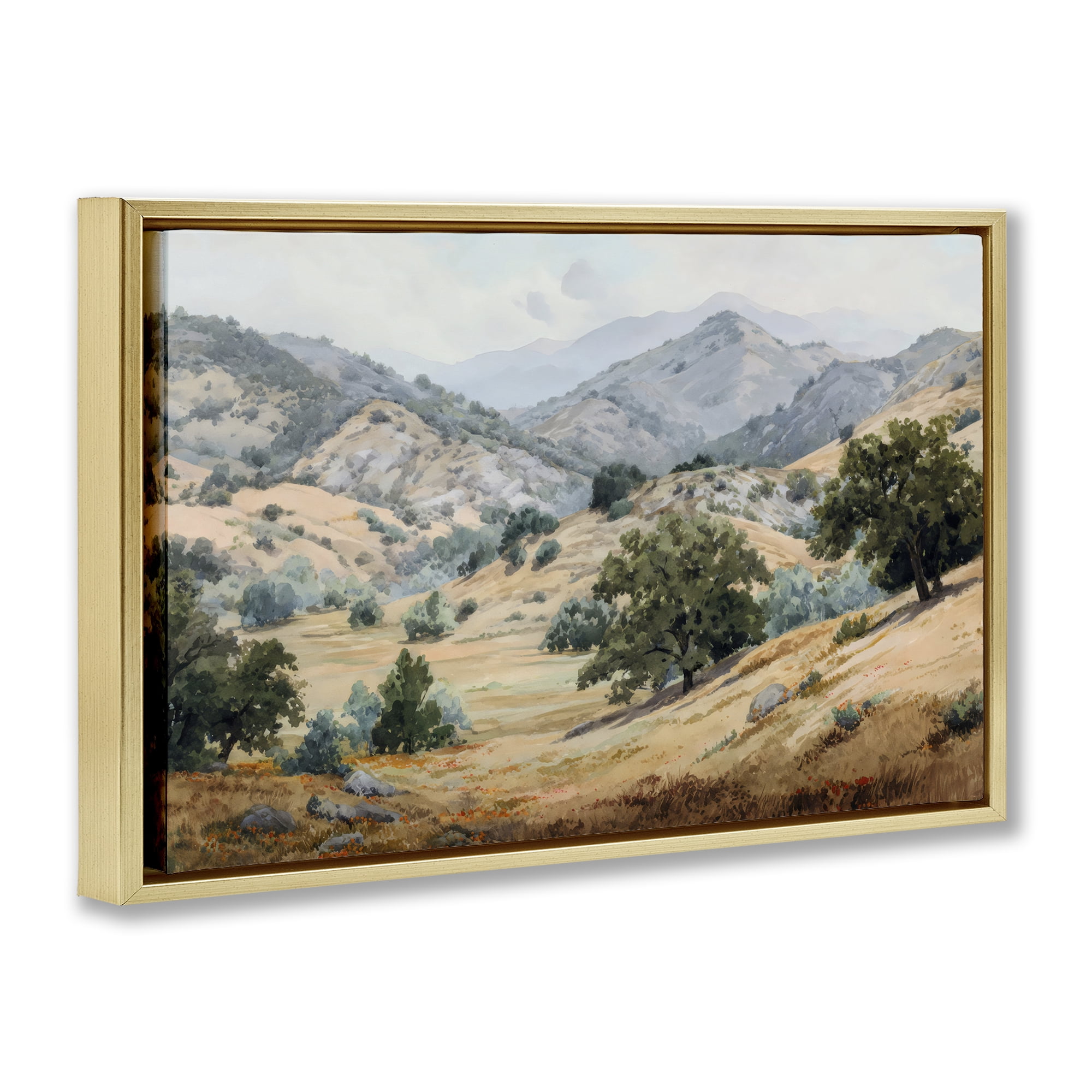 Stupell Industries Mountains and Trees Valley View Gold Framed Floater Canvas Wall Art, design by Petal Prints Design
