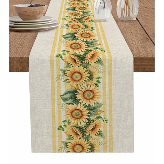 Sunflower Table Runner 36 Inches, Yelllow Striped Farmhouse Country Pastoral Bed Runner Dresser Scarves Tabletop for Indoor Outdoor Parties/Ceremony/Banquet, 13"x 36"
