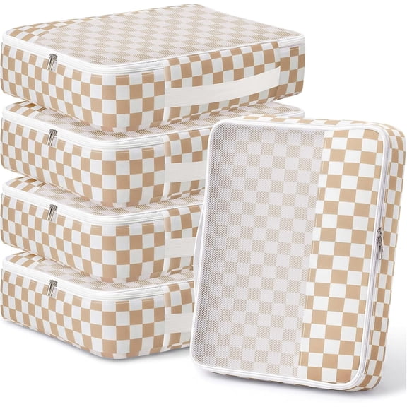 5 count Large Packing Cube for Travel Lightweight, Checkered Khaki