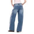 thumbnail image 4 of Forever 21 Women's Medium Wash Y2K Low-Rise Baggy Jeans, Side Stripe & Bow Accent, for Everyday Casual Wear, Size 0, 4 of 6