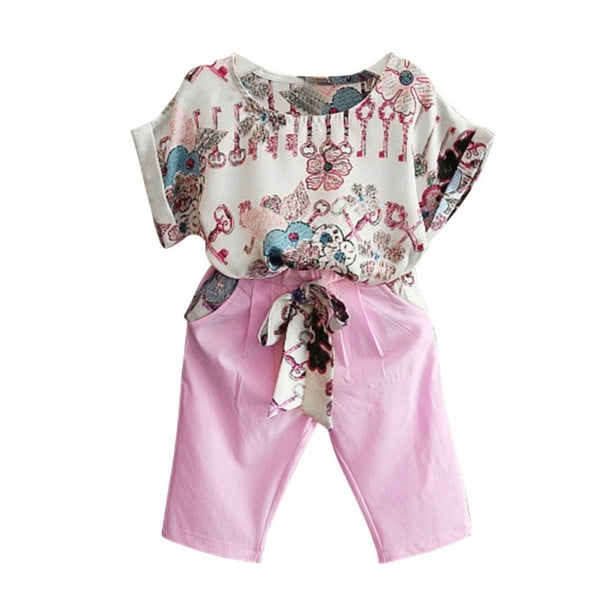 weefy Toddler Kids Baby Girl Summer Clothes Set Floral Tshirt Top