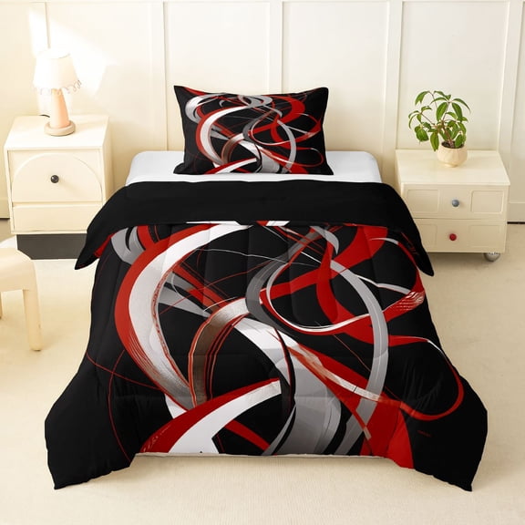 Homewish Swirl Lines Twin Comforter Sets,Abstract Geometric Bedding Set,Red White,Black Reversible,2pcs,1 Comforter and 1 Pillowcase