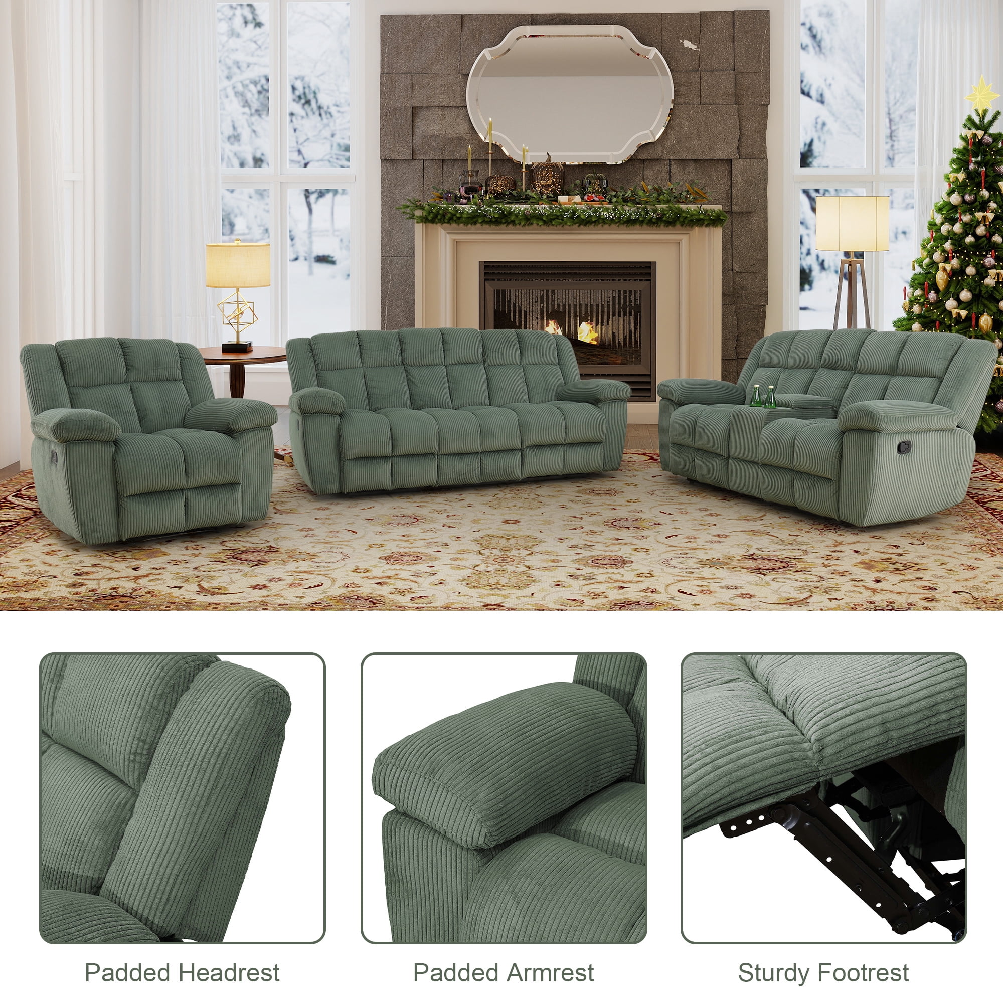 Aukfa 3-Piece Recliner Sofa Set, Oversized Armchair+Loveseat +3 Seat Sofa, 2 Cup Holders&Storage Console, Corduroy, Green