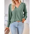 thumbnail image 3 of 3/4 Length Sleeve Womens Tops Summer Trendy Puff-Sleeve V-Neck Blouses Casual Textured Smocked T-Shirt Green XL, 3 of 6
