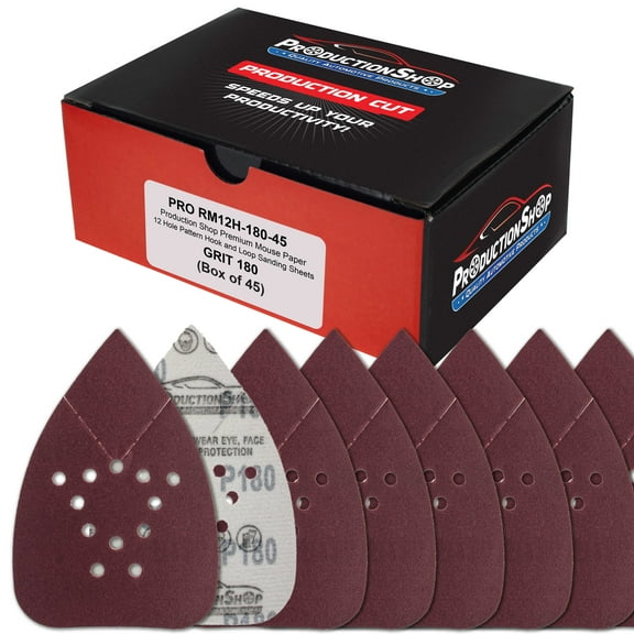 ProductionShop Premium 180 Grit 12-Hole Pattern Mouse Detail Sander Sandpaper Sheets, Box of 45 - Dustless Hook & Loop Triangle Shaped Mouse Disc Pads - Fits Black & Decker Woodworking Wood Furniture