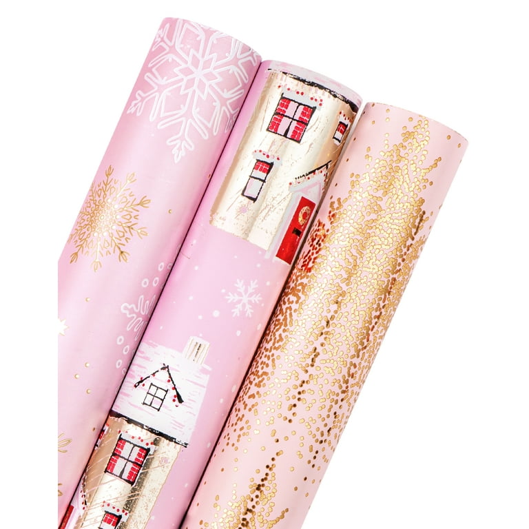 WRAPAHOLIC Christmas Wrapping Paper Roll Mini Roll 3 Rolls 17 Inch X 120 Inch Per Roll Pink and Gold House Christmas tree Snowflake Holiday