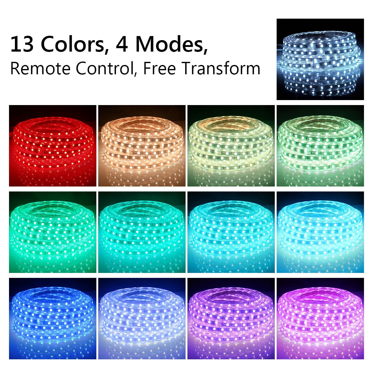 40 Ft LED Strip Light Remote Controller RGB Waterproof Rope Light Flexible Multi-color, 5050 SMD 60 LEDs/M AD 110V