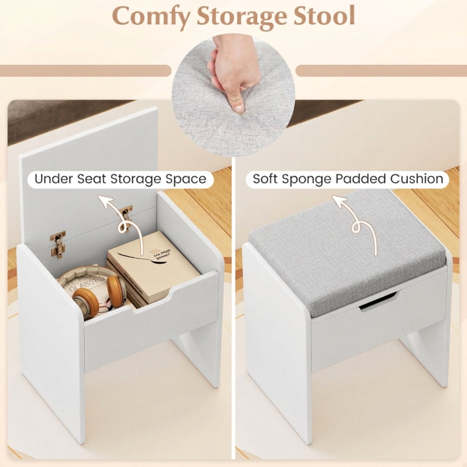 Furnibear Vanity Desk with Mirror and Lights and Cushioned Stool and Power Outlets USB Ports for Bedroom Makeup Room, White