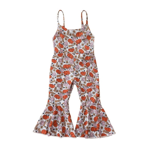 Wassery Toddler Baby Girls Fall Romper Suspender Flare Pants Sleeveless Pumpkin Print Jumpsuit 12M 18M 24M 3T 4T 5T Kids Strap Playsuit Fall Casual Clothes