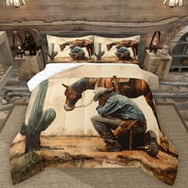 Manfei Farm Animal Horse Queen Comforter Set,Western Cowboy Bedding Sets,Green Cactus Bedding Comforter Set For Adults,Microfiber Bedroom Decor Reversible,3pcs