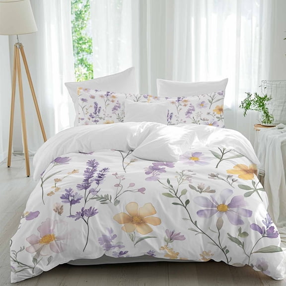 3 Piece Purple Yellow Flowers Duvet Cover Set Twin Size,Microfiber Comforter/Quilt Cover with Corner Ties and 2 Pillowcases,Spring Pastoral Botanical Floral All Season Bedding with Zipper Closure