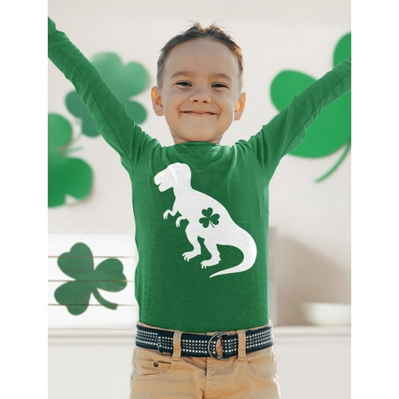 Trex Dinosaur Boys St Patricks Day Shirt Leprechaun Kids Long Sleeve T-Shirt 5/6 Green