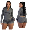 thumbnail image 3 of LYMAYTER Women's Denim Coord Set‌ for S-2XL Long Sleeve Jean Stretch Jacket & Distressed Shorts Combo, 3 of 6