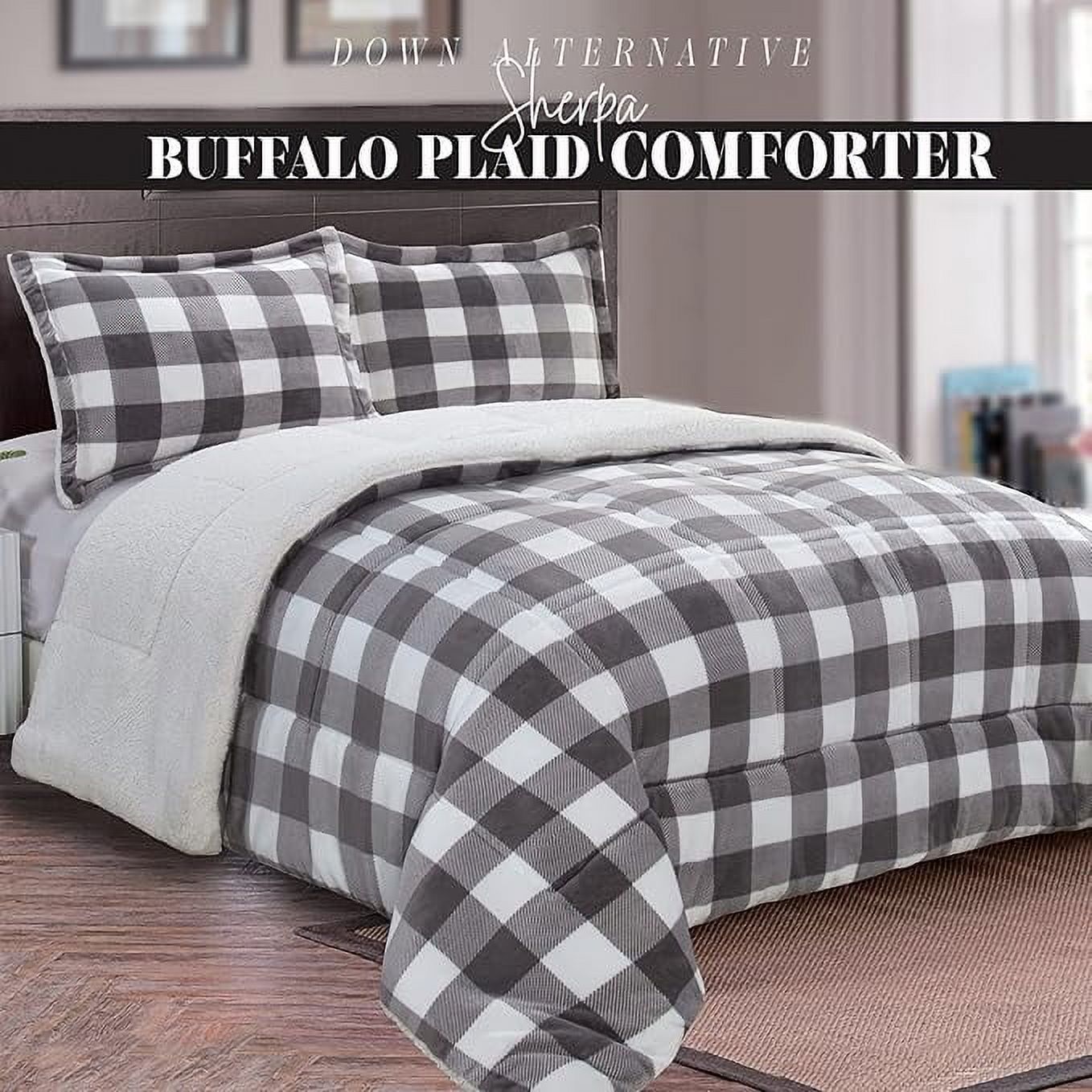 Elegant Comfort 3-Piece Buffalo Lodge-Plaid Comforter Set, Luxurious, Heavyweight, All Season, Micromink Sherpa-Backing Reversible Micro-Suede, Soft and Plush, Queen, Gray/White