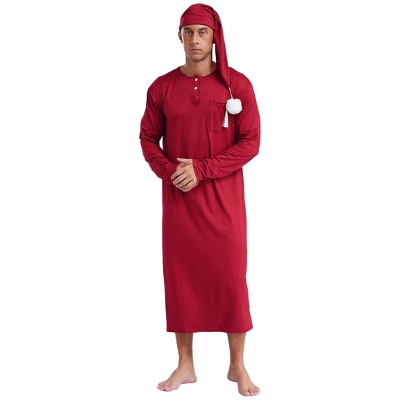 Alvivi Mens Pajama Sets Party Dress-up Nightgown Arabian Robe Long Sleeve Sleeping Nightshirt with Hat Burgundy M