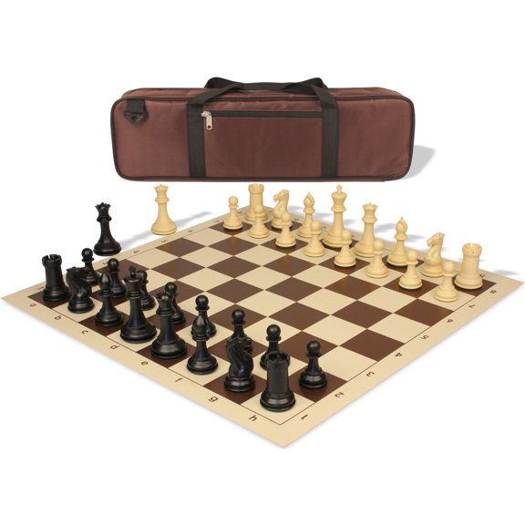 Conqueror Carry-All Plastic Chess Set - Black & Camel Pieces with Vinyl Rollup Board - Brown