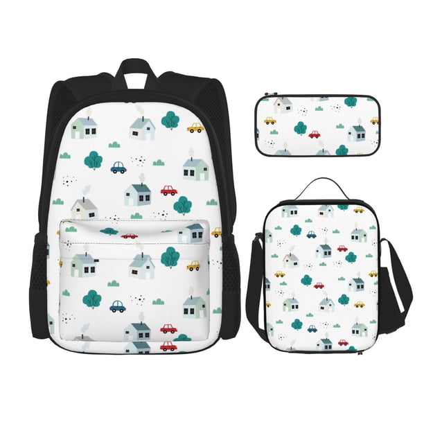 Disketp Cartoon House Car Mochila Estampada de Gran Capacidad con Lonchera y Estuche, Set de 3 Piezas para Estudiantes