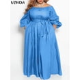 thumbnail image 4 of Plus Size VONDA 2024 Women Dress Autumn Long Maxi Sundress Casual Solid Elegant Off Shoulder Bohemian Party Vestido Belted, 4 of 5