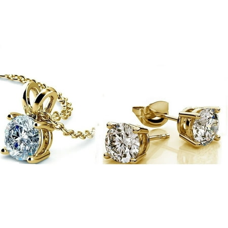 Genuine 1 Carat Natural Solitaire Round Cut Diamond 4 Prong Necklace & Studs Earring Set in 14k Yellow Gold