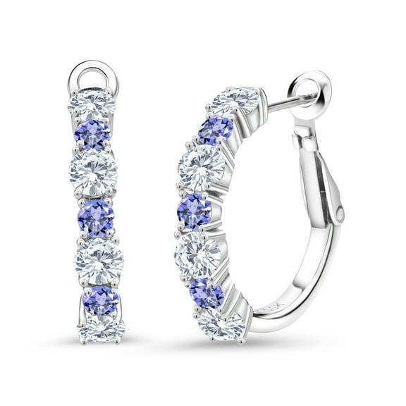 Gem Stone King 2.74 Cttw White Moissanite and Blue Tanzanite Hoop Earrings for Women | 925 Sterling Silver | Gemstone Birthstone | Round 4MM and 3MM | Fine Jewelry Gifts for Her Mom Women Wife