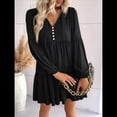thumbnail image 4 of Vestidos Cortos de Larga para Mujer, Cuello en V, Informales, Holgados, con Vuelo, con , Estilo Bohemio para Vacaciones, para Otoño Negro M, 4 of 8