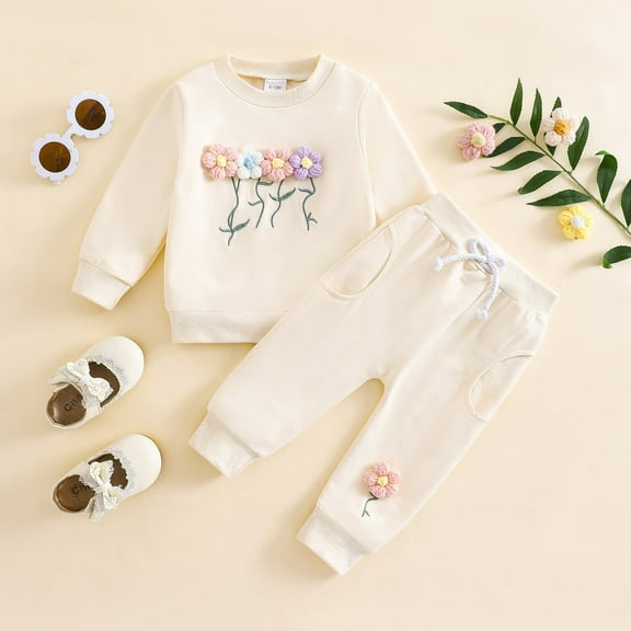 SONGGE Cute Girls Outfit Sets Toddler Winter Clothes Floral Embroidery Long Sleeve Tops With Ruffle Pants Set Soft Comfortable Casual For Baby Cartoon Classic Clothing Sets