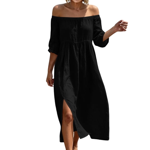 Kukoosong Women's Off The Shoulder Midi Dress, 3/4 Sleeve Flowy Split Dress, Elastic Crew Neck Casual Loose Fit Boho Beach Sundress