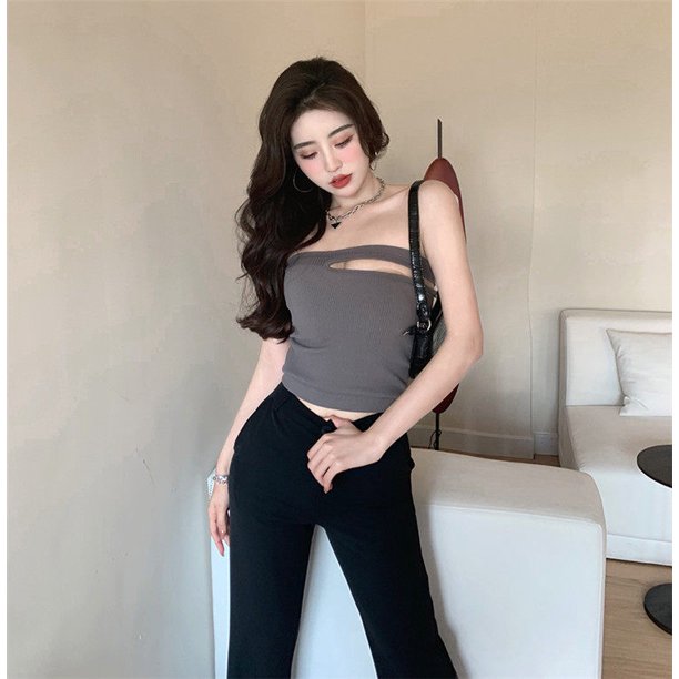 VISgogo, chaleco de punto informal para mujer con almohadillas para el pecho, camisetas de tubo de ombligo expuestas con cuello barco de Color sólido a la moda VISgogo moda