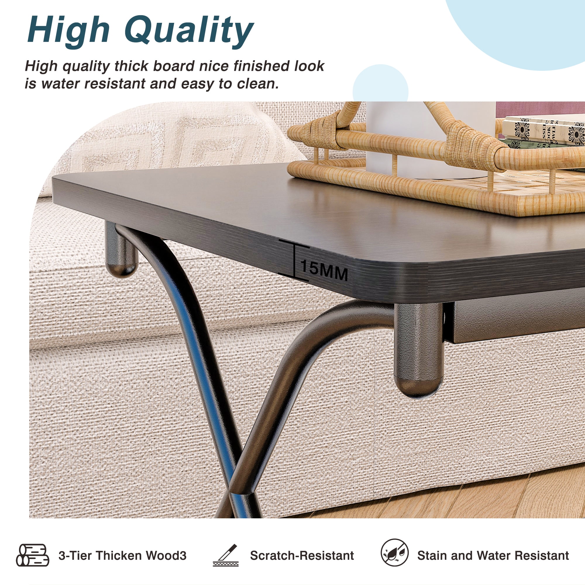 VECELO Rectangle Coffee Table with Storage Shelf, Modern X-Design Side Metal Frame for Living Room Office, Black