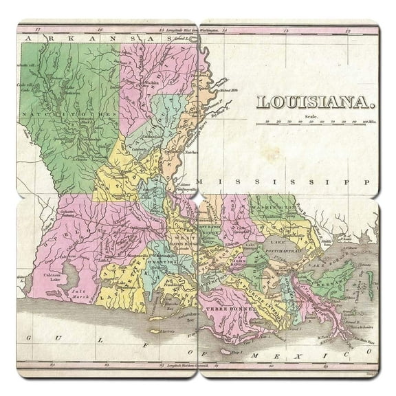 Torched Louisiana Old World Map Coaster (Set of 4) Drink Beer Coaster Multicolor
